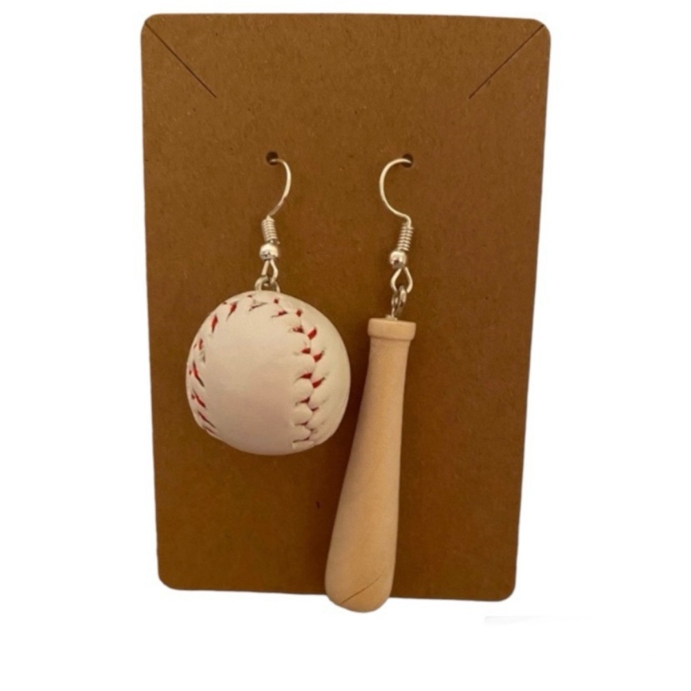 Asymmetrical Baseball and Bat Dangle Earrings